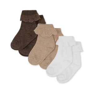 Konges Slojd 3-pak sokken met roezeltje wit/zand/bruin